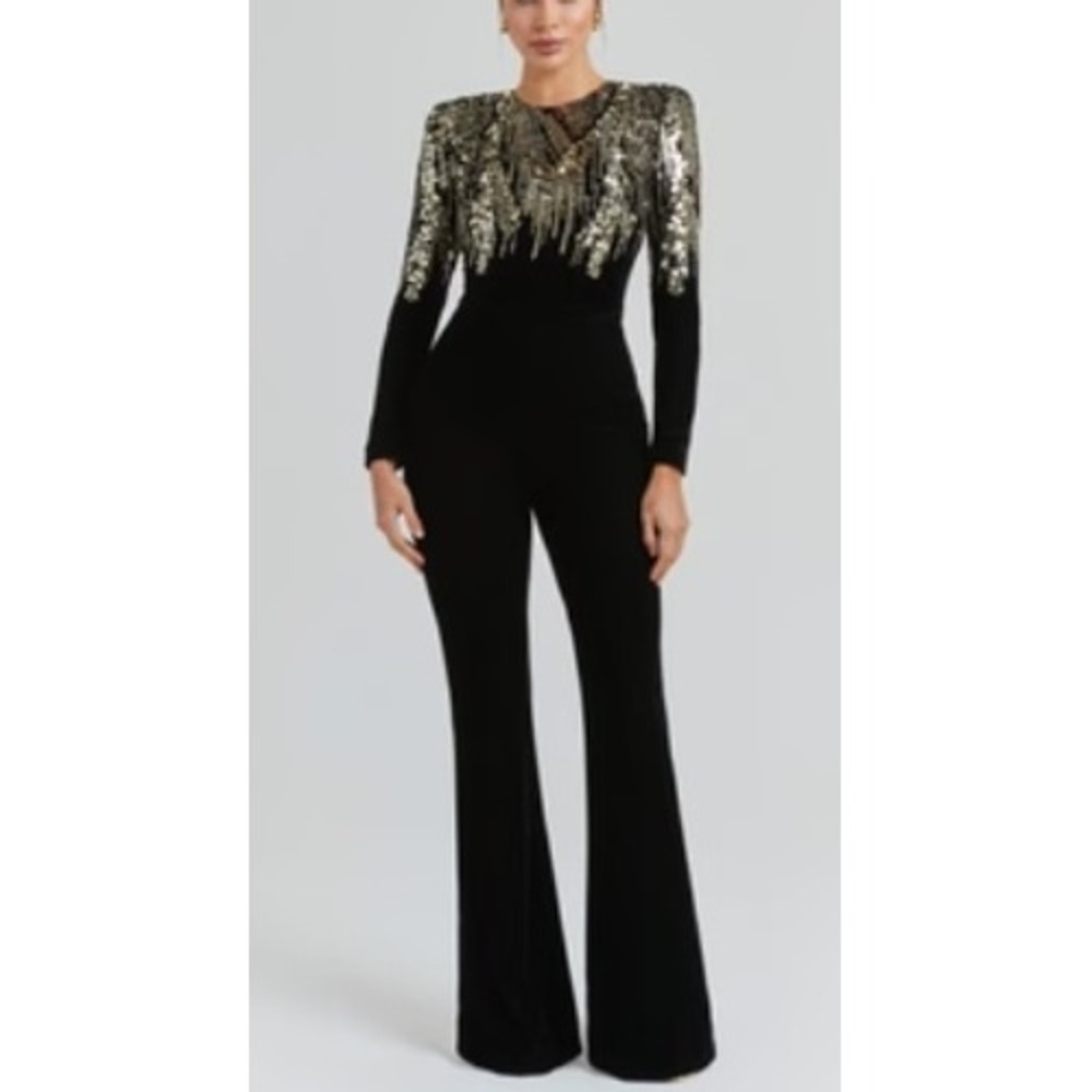 Nadine Merabi Katarina Sequin Jumpsuit Black Velvet Gold Jumpsuit US 2 New Party